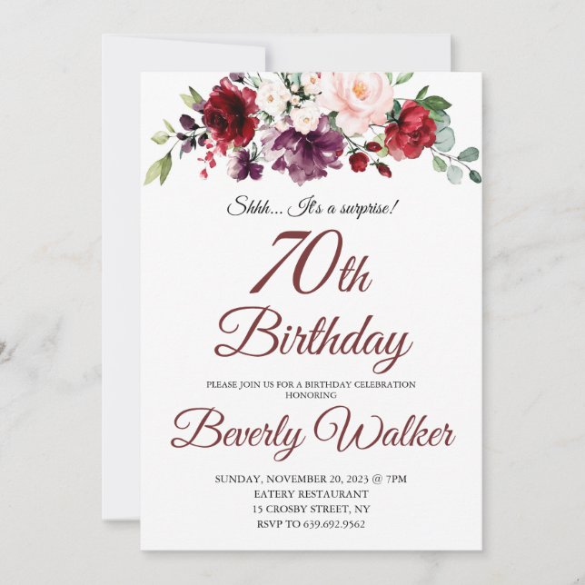 Burgundy Watercolor Floral 70th Surprise Birthday  Invitation (Front)