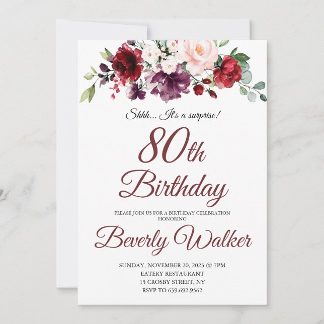 Burgundy Watercolor Floral 80th Surprise Birthday  Invitation (Front)