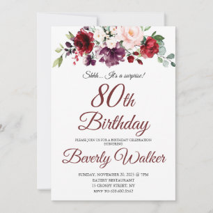 Burgundy Watercolor Floral 80th Surprise Birthday  Invitation
