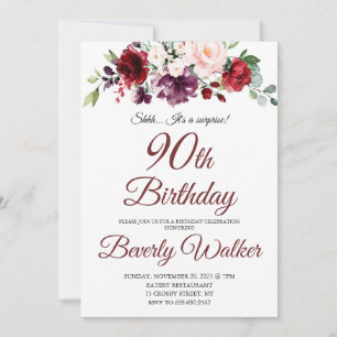 Burgundy Watercolor Floral 90th Surprise Birthday Invitation