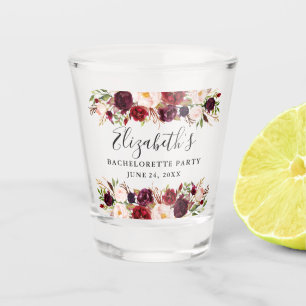 Burgundy Watercolor Floral Bachelorette Party Shot Glass