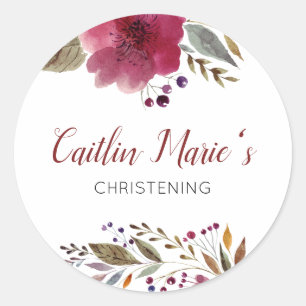 Burgundy Watercolor Floral Baptism Christening Classic Round Sticker