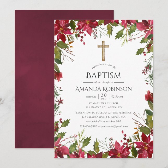 Burgundy Watercolor Floral Baptism or Christening Invitation (Front/Back)
