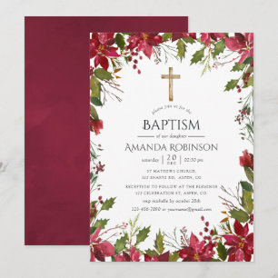 Burgundy Watercolor Floral Baptism or Christening Invitation