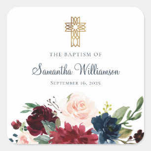 Burgundy Watercolor Floral Baptism Square Sticker