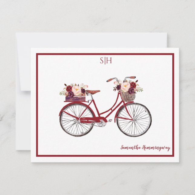 Burgundy Watercolor Floral Bicycle Monogram Name Card (Front)