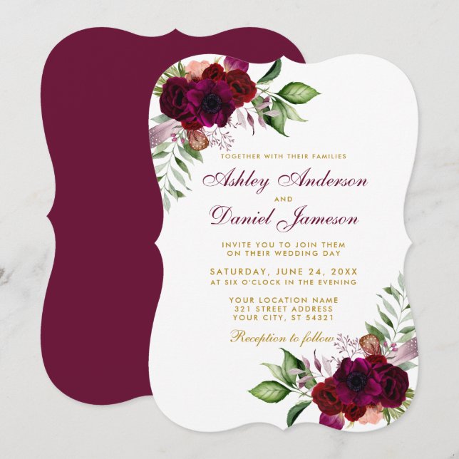 Burgundy Watercolor Floral Boho Gold Wedding B Invitation (Front/Back)