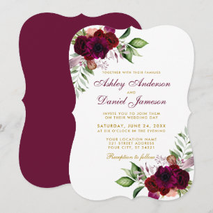 Burgundy Watercolor Floral Boho Gold Wedding B Invitation