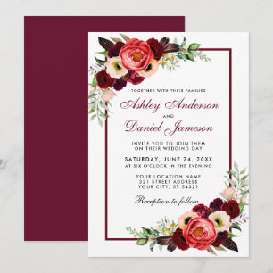 Burgundy Watercolor Floral Boho Wedding Invite