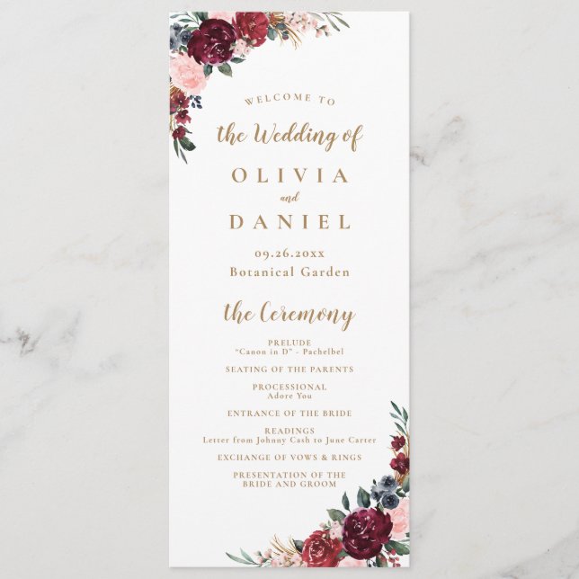 Burgundy watercolor floral boho wedding program menu (Front)