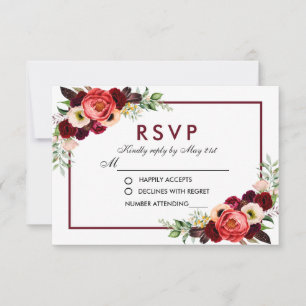 Burgundy Watercolor Floral Boho Wedding RSVP Card