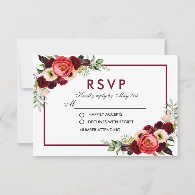 Burgundy Watercolor Floral Boho Wedding RSVP Card (Front)