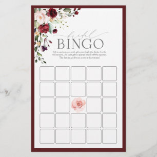 Burgundy Watercolor Floral Bridal Bingo Game