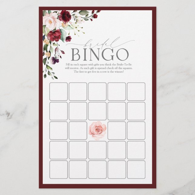 Burgundy Watercolor Floral Bridal Bingo Game (Front)