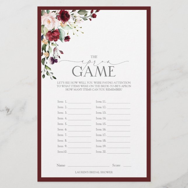 Burgundy Watercolor Floral Bridal Shower Game (Front)