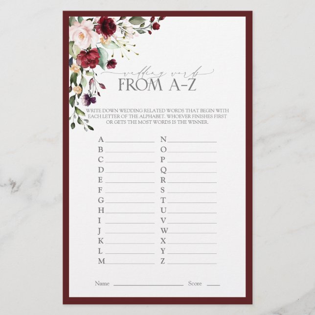 Burgundy Watercolor Floral Bridal Shower Game (Front)