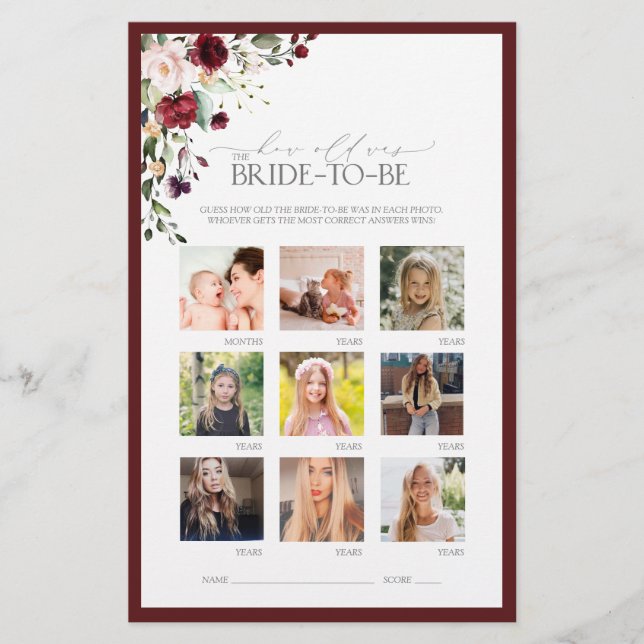 Burgundy Watercolor Floral Bridal Shower Game (Front)