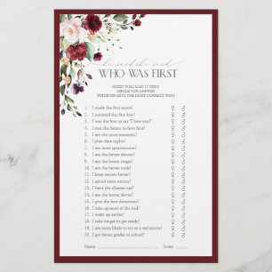Burgundy Watercolor Floral Bridal Shower Game