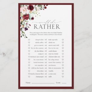 Burgundy Watercolor Floral Bridal Shower Game