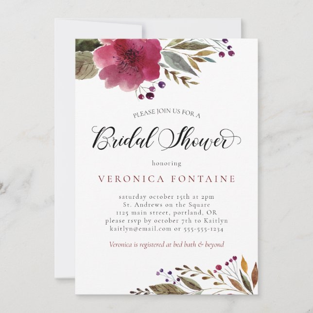 Burgundy Watercolor Floral Bridal Shower Invitation (Front)