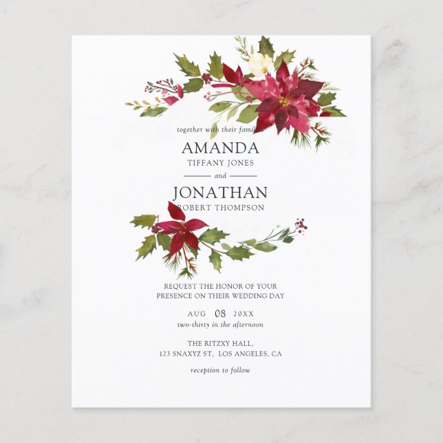 Burgundy Watercolor Floral Christmas Wedding Flyer (Front)