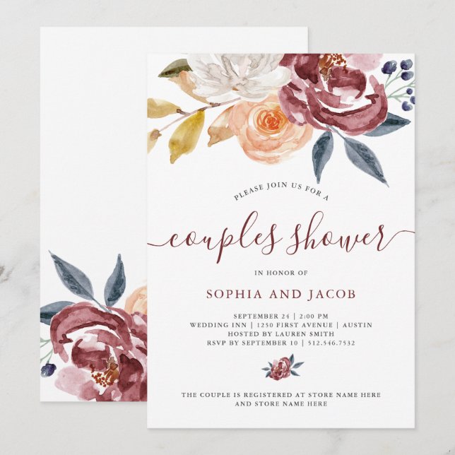 Burgundy Watercolor Floral | Couples Shower Invitation (Front/Back)