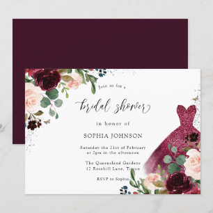 Burgundy Watercolor Floral Dress Bridal Shower Invitation