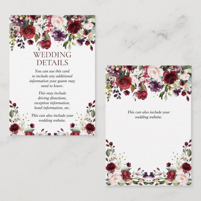   Burgundy Watercolor Floral Drop Wedding Details Enclosure Card (Front/Back)
