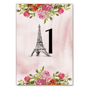 Burgundy Watercolor Floral Eiffel Tower Table Number