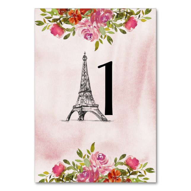 Burgundy Watercolor Floral Eiffel Tower Table Number (Front)