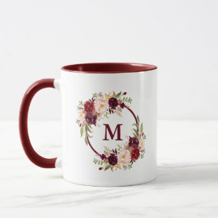 Burgundy Watercolor Floral Elegant Monogram Mug