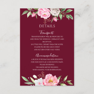 Burgundy Watercolor Floral Elegant Wedding Details Enclosure Card