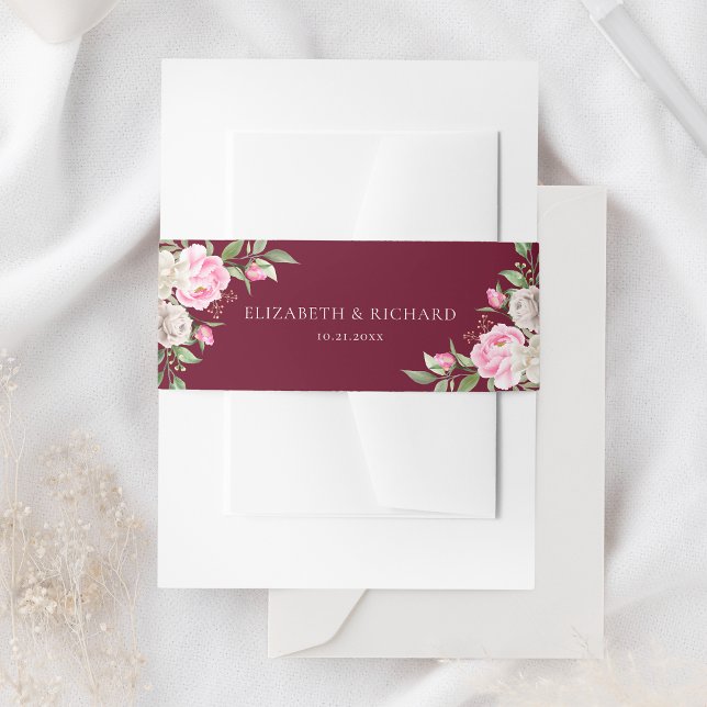 Burgundy Watercolor Floral Elegant Wedding Invitation Belly Band (Creator Uploaded)