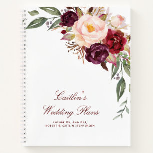 Burgundy Watercolor Floral Elegant Wedding Notebook