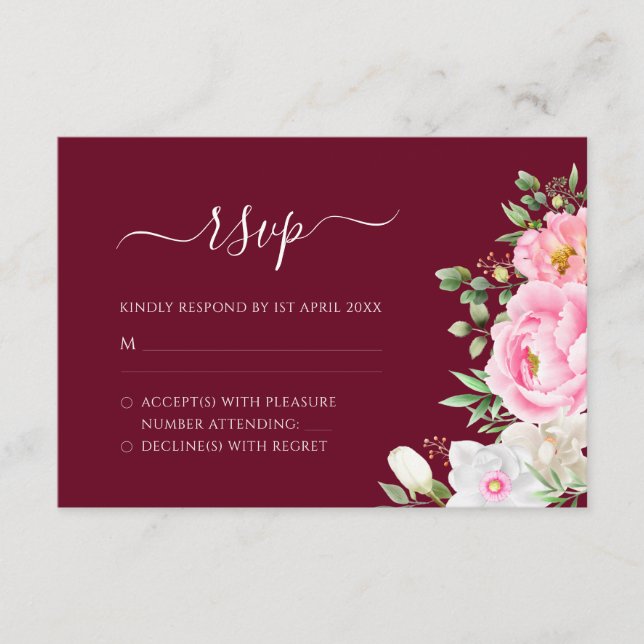 Burgundy Watercolor Floral Elegant Wedding RSVP Card (Front)