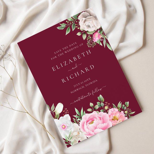 Burgundy Watercolor Floral Elegant Wedding Save The Date (Creator Uploaded)