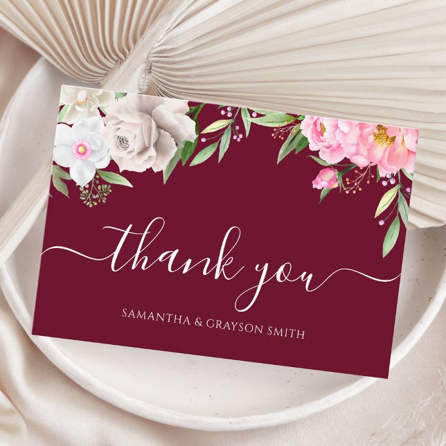 Burgundy Watercolor Floral Elegant Wedding Thank You Card (Creator Uploaded)