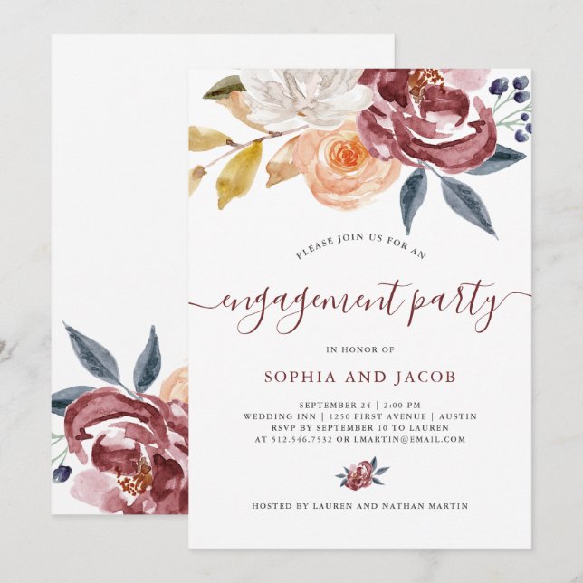 Burgundy Watercolor Floral | Engagement Party Invitation (Front/Back)