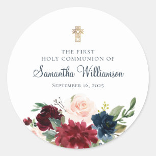 Burgundy Watercolor Floral First Holy Communion Classic Round Sticker