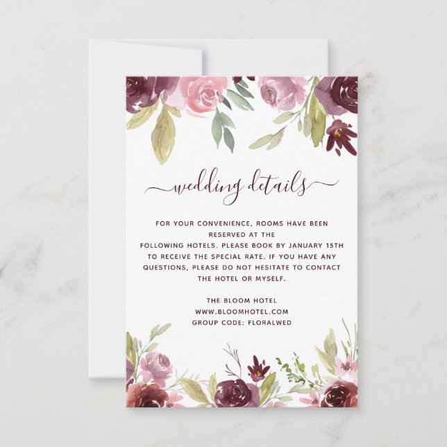 Burgundy Watercolor Floral Flower Wedding Details Invitation (Front)