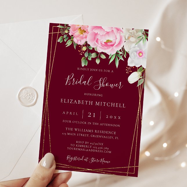 Burgundy Watercolor Floral Geometric Bridal Shower Invitation (Creator Uploaded)