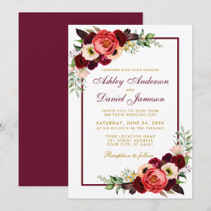 Burgundy Watercolor Floral Gold Boho Wedding B Invitation