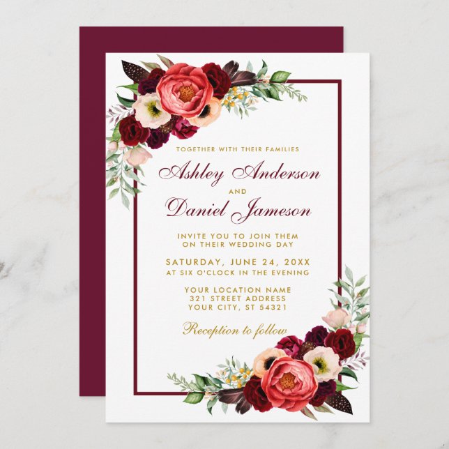 Burgundy Watercolor Floral Gold Boho Wedding B Invitation (Front/Back)