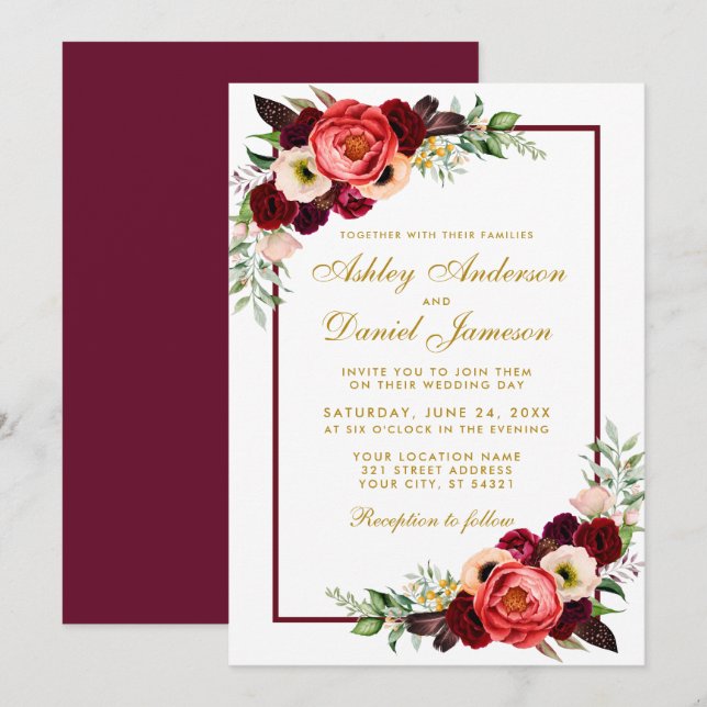 Burgundy Watercolor Floral Gold Boho Wedding GB Invitation (Front/Back)
