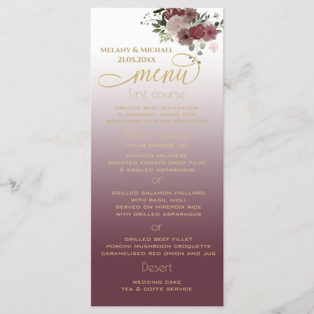 Burgundy watercolor floral gold calligraphy menu (Front)