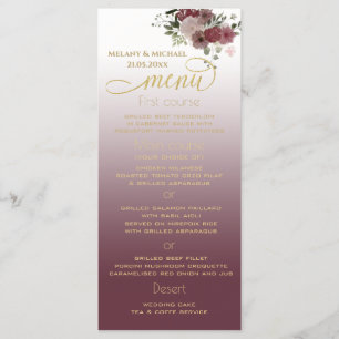 Burgundy watercolor floral gold calligraphy menu