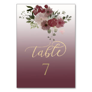 Burgundy watercolor floral gold calligraphy table number