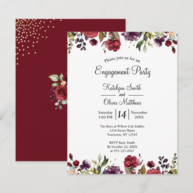Burgundy Watercolor Floral Gold Foil Engagement Invitation (Front/Back)