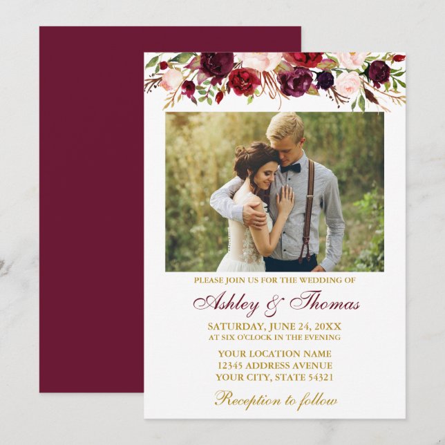 Burgundy Watercolor Floral Gold Photo Wedding Invitation (Front/Back)