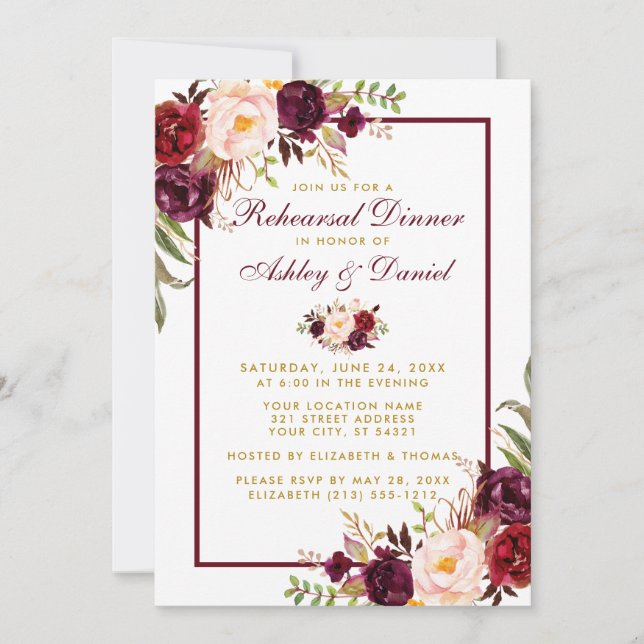 Burgundy Watercolor Floral Gold Rehearsal Dinner W Invitation (Front)